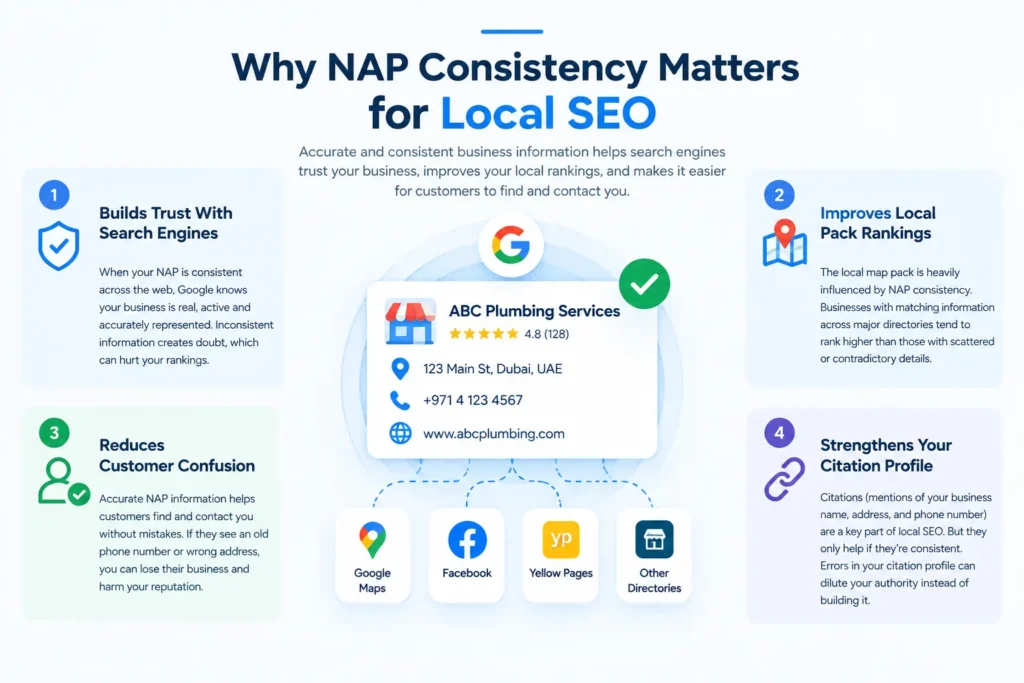 NAP consistency benefits for local SEO including search engine trust and local pack rankings