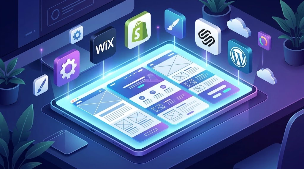 Isometric digital desktop view featuring floating icons of top website platforms over a glowing interactive website layout canvas.