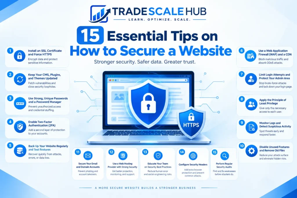 15 essential tips on how to secure a website, including HTTPS, strong passwords, two-factor authentication, backups, and firewalls.