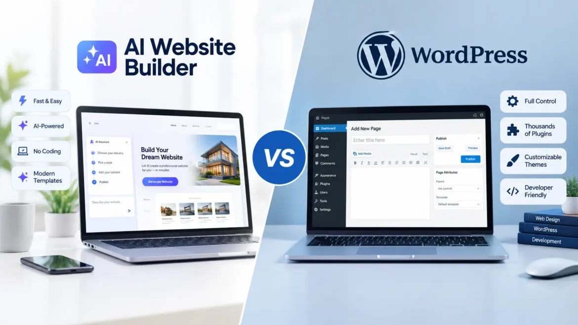 AI website builder vs WordPress comparison showing website creation tools on two laptops.