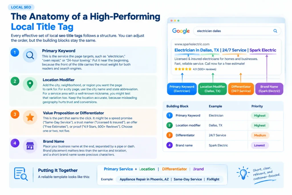 Anatomy of a high-performing local SEO title tag with keyword, location, differentiator, and brand