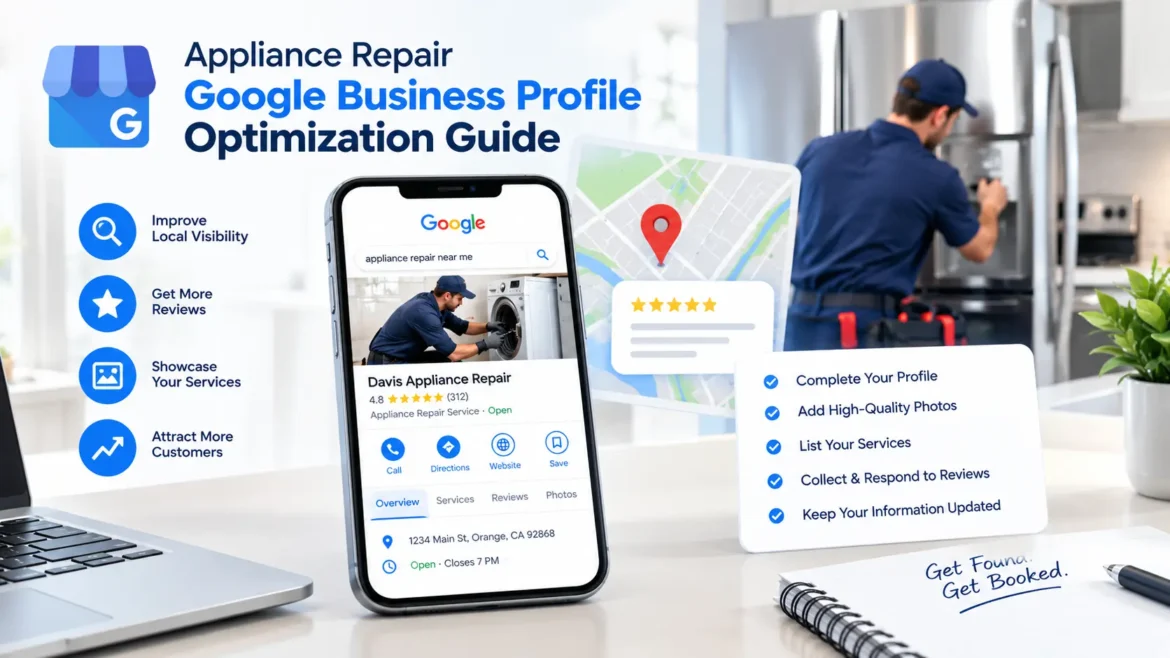 Appliance repair Google Business Profile optimization showing a business listing, customer reviews, local search results, and an appliance repair technician.