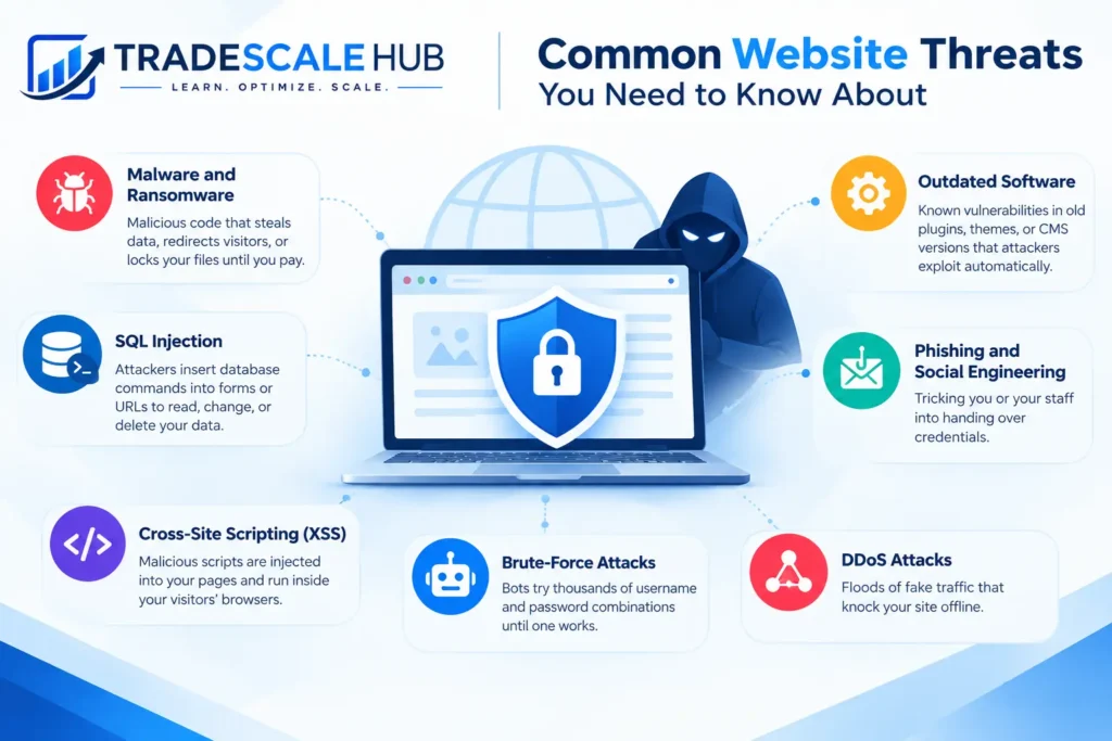 Common website threats including malware, SQL injection, XSS, brute-force attacks, DDoS, phishing, and outdated software.